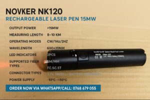 Infographic of Novker NK120 Rechargeable 15mW Laser Pen Visual Fault Locator with specifications, available in Nairobi at Accra Trade Center, order via WhatsApp/Call 0768679055
