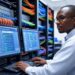 A focused network engineer in a Nairobi operations center monitoring screens displaying real-time data, surrounded by server racks with colorful cables, optimizing ISP networks in Kenya and East Africa using Avago AFCT-5715APZ-NS1 SFP transceivers for scalable infrastructure, redundancy, and proactive maintenance inspired by financial services strategies