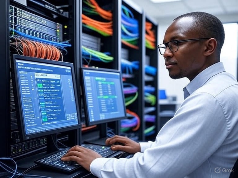 A focused network engineer in a Nairobi operations center monitoring screens displaying real-time data, surrounded by server racks with colorful cables, optimizing ISP networks in Kenya and East Africa using Avago AFCT-5715APZ-NS1 SFP transceivers for scalable infrastructure, redundancy, and proactive maintenance inspired by financial services strategies