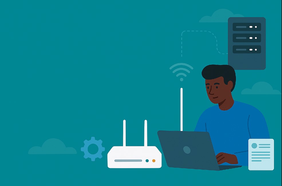 Illustration of an African ISP technician using a laptop to manage ONTs remotely, connected to a WiFi router and OLT server, symbolizing OMCI-based remote configuration and ISP growth support systems.
