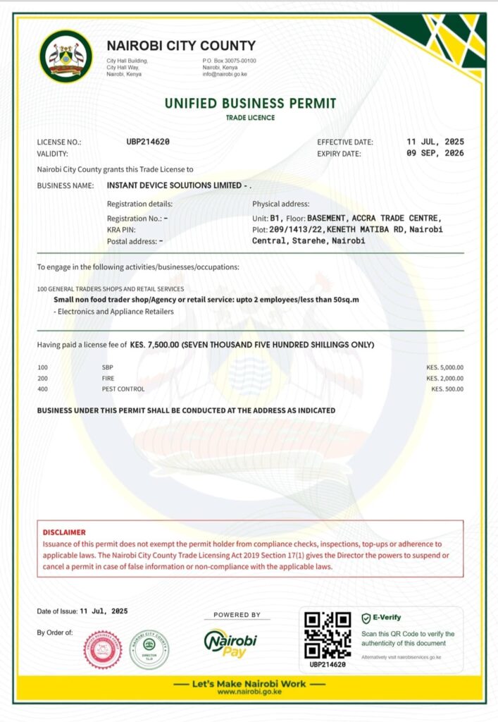 Displayed Unified Business Permit issued by Nairobi City County to Instant Device Solutions Limited. The Trade Licence Number is UBP214620 and is effective from July 11, 2025 to September 09, 2026.