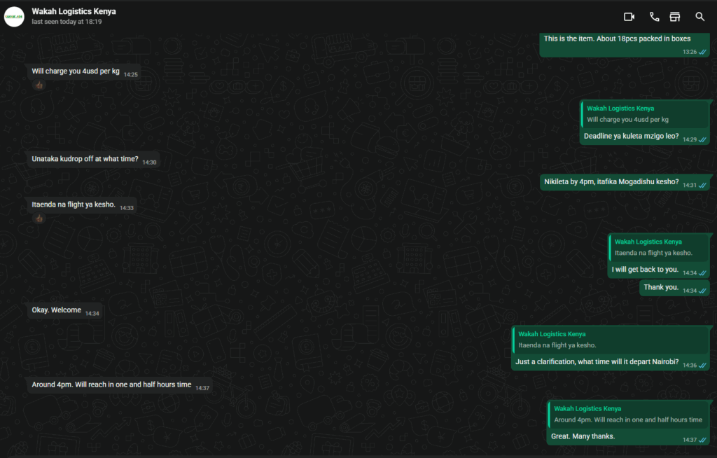 WhatsApp chat by Wakah Logistics about freight rates and delivery timelines to Mogadishu, Somalia.