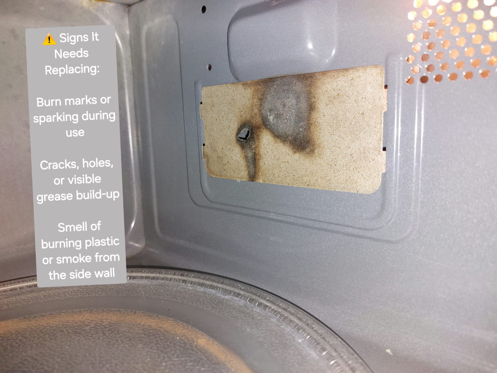 Waveguide cover installed inside a Microwave oven with burn marks indicating magnetron protection failure