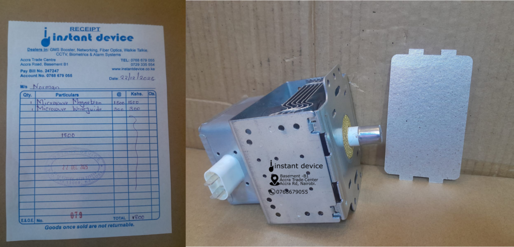 Instant Device Cash sale receipt for a Microwave Oven Magnetron and a Waveguide Mica Cover issued to a customer on December 22, 2026.