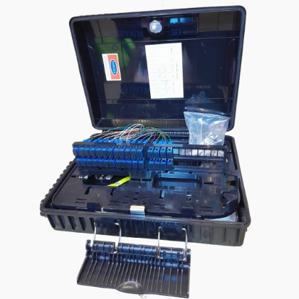 48 core FAT box open showing pre-loaded 1x32 connectorized PLC splitter and 32 SC/UPC adapters