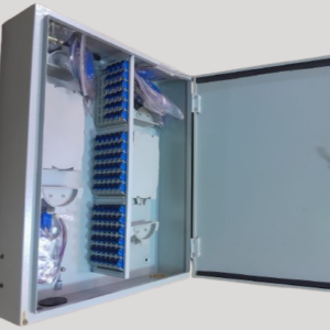 distribution-box-open.jpg 96-core wall-mounted fiber optic distribution box open showing SC adapters and splice trays