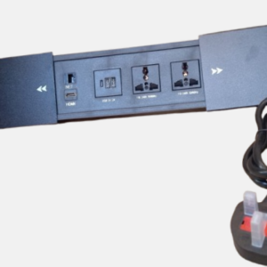 Black dual sliding door desktop data socket open showing HDMI, RJ45, USB and power ports