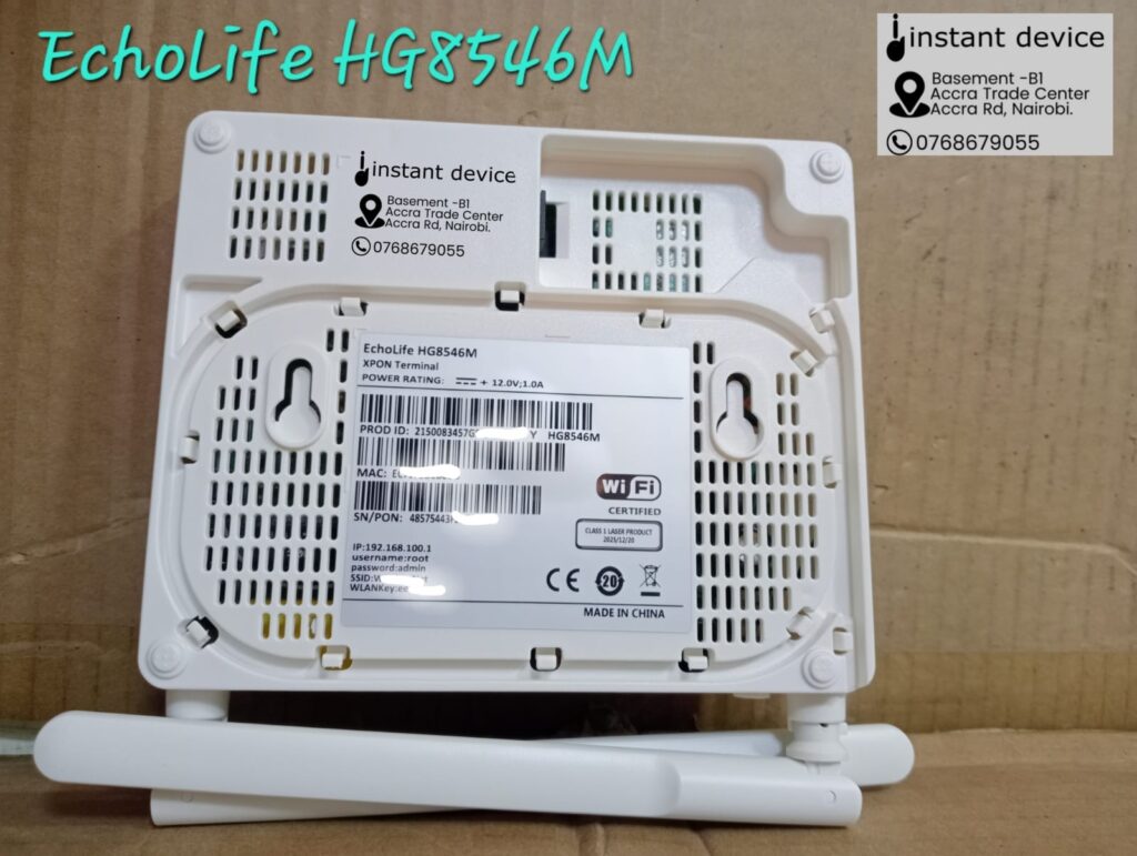 EchoLife HG8546M XPON ONU showing the bottom label with the default admin login credentials, management IP address, Wi-Fi SSID, and wireless key