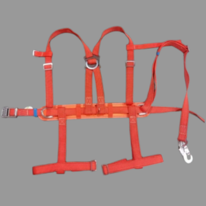 Complete half body safety harness laid flat showing all components including waist belt, shoulder straps, leg straps, and back lanyard