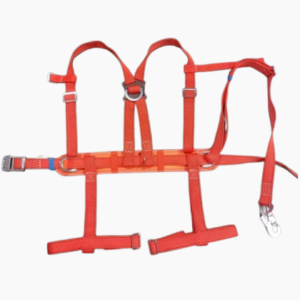 Complete half body safety harness laid flat showing all components including waist belt, shoulder straps, leg straps, and back lanyard
