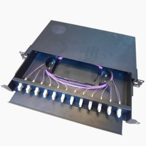 1U 19-inch rack-mount ODF, Sliding / Pull-Out Tray design, loaded with 24 OM4 LC fiber pigtails