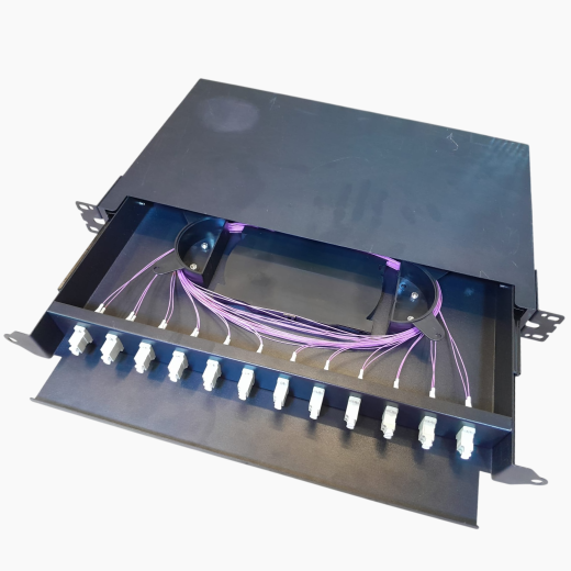 1U 19-inch rack-mount ODF, Sliding / Pull-Out Tray design, loaded with 24 OM4 LC fiber pigtails